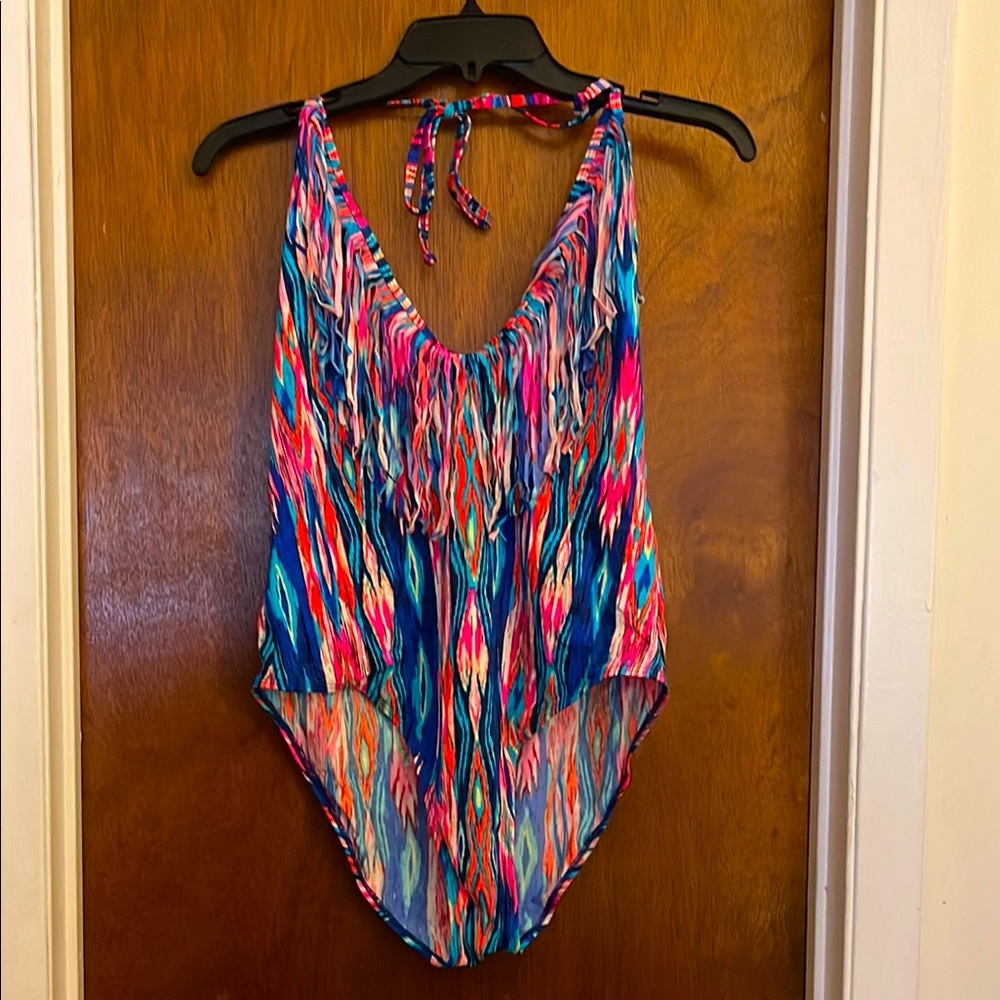 Boohoo Blue and Pink One Piece Swimsuit with Plunging V-neck